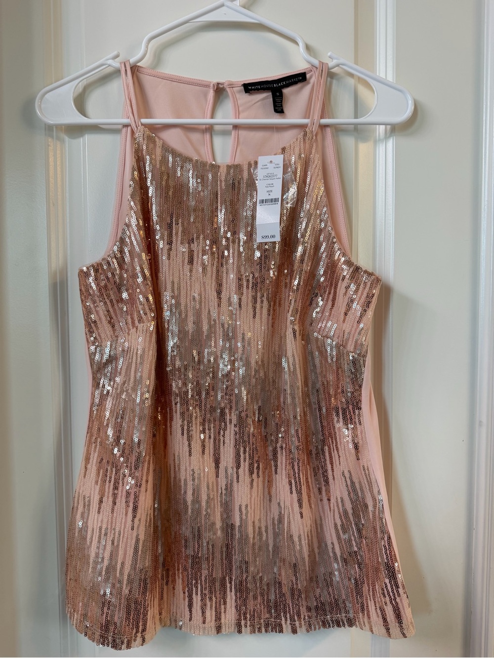 White House Black Market Pale Peach Sequin Halter Top S NWT